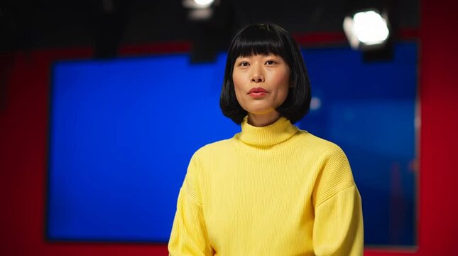Amicable brunette Japanese moderator with a straight bob