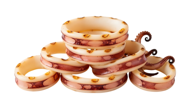 Delicious grilled squid rings  a tasty seafood appetizer or snack isolated on transparent background