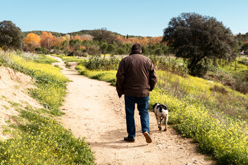 A man took a morning walk along the country road. Next to him is his dog who, although not on a leash, walks along with him.