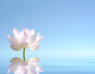 Serene beauty of a lotus flower reflected in tranquil blue water scene