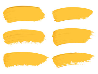 A collection of six textured yellow paint brush strokes isolated on a white background, showcasing artistic expression.
