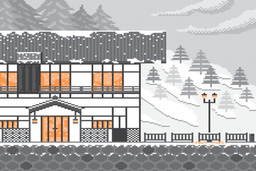 Winter cityscape with japanese architecture on forest background in pixel game classic.