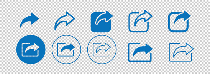 Set of share icons. arrow sending or export and external link symbol. social media network interface button