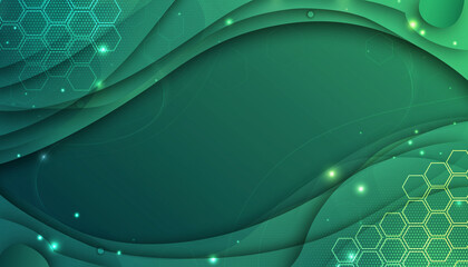 グリーンパワポ資料背景　幾何学模様と緑の紙の重なりでた立体感のあるペーパーカットスタイル抽象背景