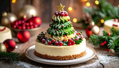 festive cheesecake display, a mini christmas tree-shaped cheesecake surrounded by ornaments and holly makes a festive centerpiece on the holiday buffet winter
