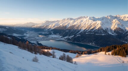 Snow-covered mountains with a serene lake during sunset in the Alps