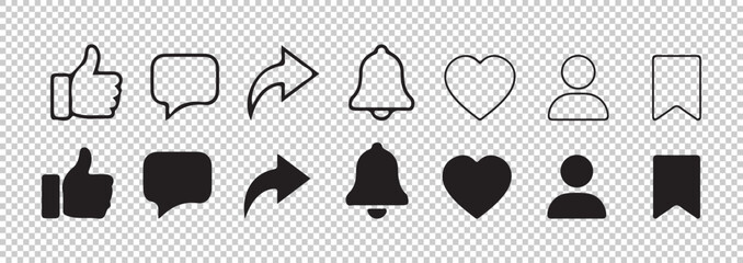 Set of common social media interface icons including like comment share notification heart person bookmark