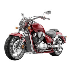 Shiny red cruiser motorcycle with intricate chrome details, isolated for design.
