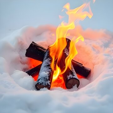 눈 위 캠프파이어가 불타고잇다A campfire is burning in the snow