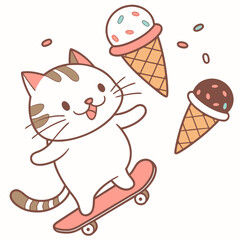 Cute SVG of a Surprised American Shorthair in Scoops & Swirls colors, featuring riding a skateboard in a Ice cream party setting