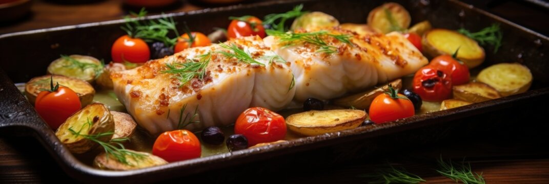 A beautifully plated dish featuring baked fish, colorful cherry tomatoes, and roasted potatoes, garnished with fresh herbs.