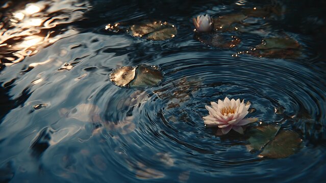 Serene nature macro scene of a single organic water lily blooming amidst lily pads on a calm pond with circular ripples and a warm light reflection