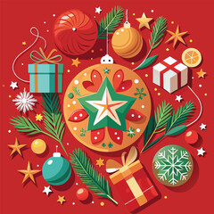 Festive Christmas ornaments, gifts, stars, and winter holiday decorations. festive