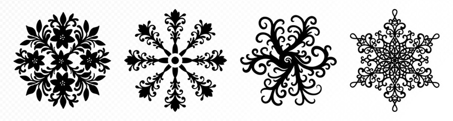 Four ornate winter snowflakes with elegant floral details, swirling decorative elements and delicate symmetrical shapes for seasonal artwork and festive design projects. Vector illustration.