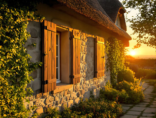 Cozy Stone House Exterior at Sunset