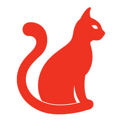 Simple black sitting cat silhouette with a curled tail isolated on white background