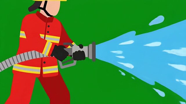 Firefighter Spraying High Pressure Water From Hose In Action.