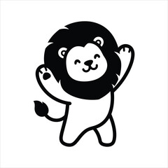 Happy cartoon lion with fluffy mane waving its paws in greeting