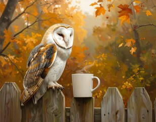 Barn Owl Enjoying a Warm Drink on a Fence in an Autumn Forest.