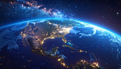 Stunning view of Earth from space at night, showcasing city lights and the Milky Way.