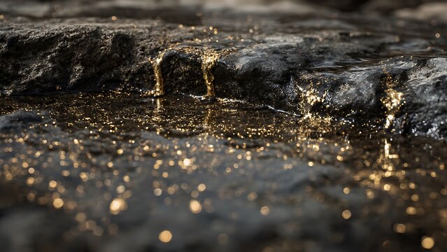 Detailed macro shot of a dark, wet rock surface with dripping water and shimmering golden particles, creating a luxurious abstract texture background - Powered by Adobe
