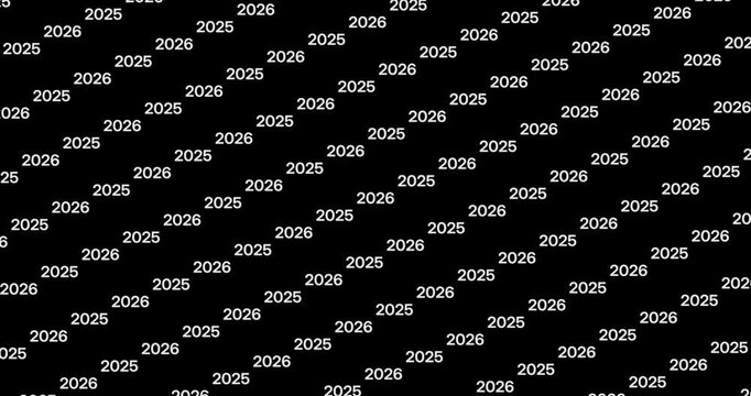 Looping  pattern of the numerals 2025 and 2026 stretched and scaled to create a hypnotic optical illusion, seamless loop.