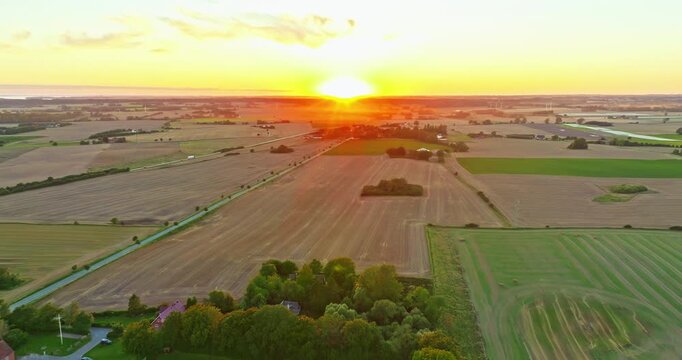Aerial view of beautiful Danish countryside at sunset. Denmark