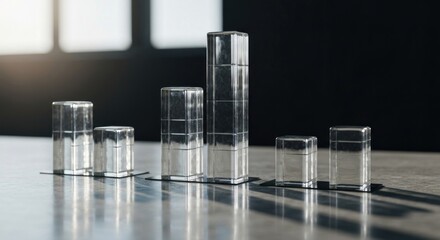 Transparent, rectangular bar graphs on a table, reflecting light