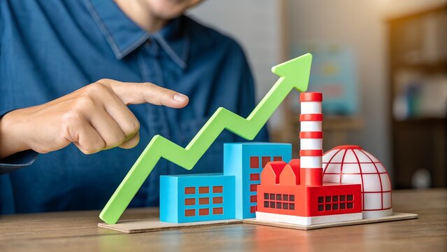 Industrial Growth with Upward Arrow – Economic Development, Conceptual, Abstract, Business Success, Factory Models, Green Progress, Strategic Planning, Miniature Architecture