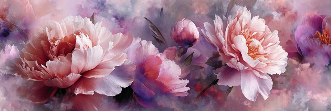 Captivating peony flowers bloom in soft hues of pink and lavender, creating a dreamy floral landscape that embodies elegance and beauty, perfect for any creative project or decor.