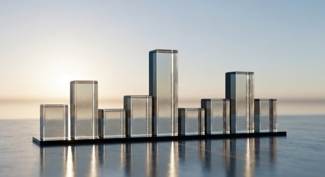 Transparent rectangular shapes, resembling city buildings, arranged in a bar graph format, positioned over calm water, at sunrise - Powered by Adobe