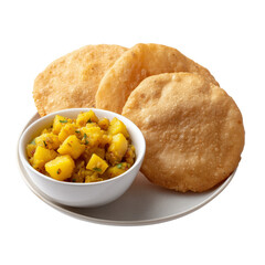 Aloo poori, traditional indian potato curry and puffed fried bread dish on white plate