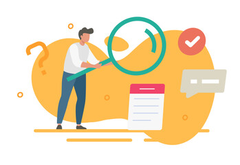 Man searching icon modern design, vector person character find explore, analysis review vector graphic illustration, expert discover, inspect data information via magnifier, decision solution concept
