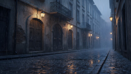 Foggy Old Street in Historic European City at Night