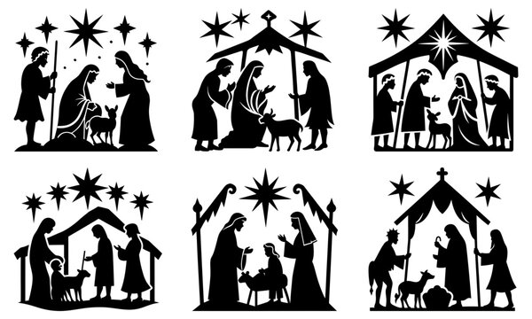 Elegant Nativity Scene Silhouettes for Christmas Crafting Projects and Holiday Decor, Religious Graphic with Mary, Joseph, Jesus, and Star of Bethlehem