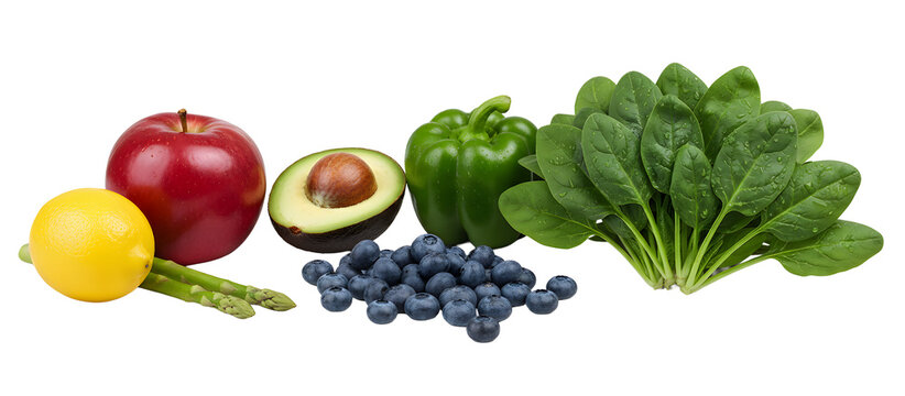Assortment of fresh healthy fruits and vegetables arranged on a white marble surface