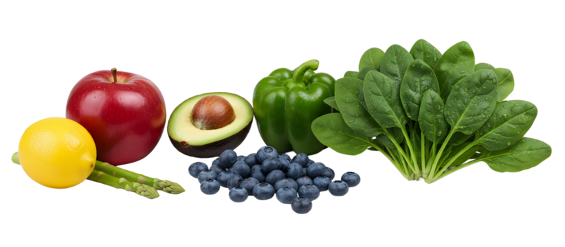 Assortment of fresh healthy fruits and vegetables arranged on a white marble surface