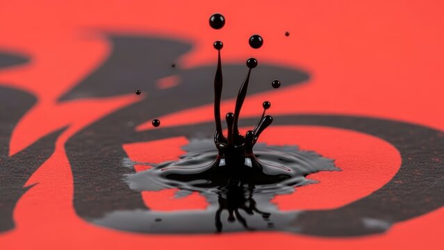 Dynamic black liquid splash with flying droplets on a red surface with a dark calligraphic design. - Powered by Adobe