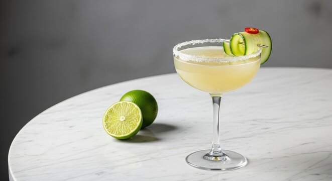 Zesty lime cocktail with a spicy cucumber chili garnish served on a stylish marble surface