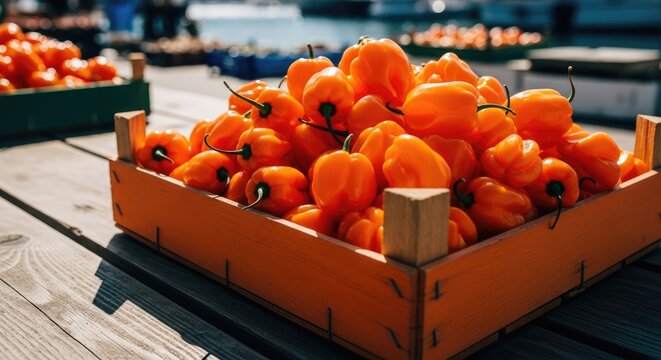 Abundant Harvest of Fiery Orange Habanero Peppers in Rustic Wood Crate Display