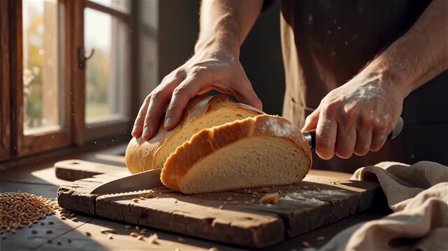 Baker slicing fresh artisan bread on wooden board