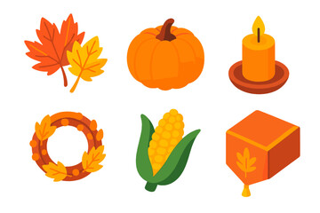 Vibrant Autumn Icons. Seasonal Decor flat icon set: autumn leaves, pumpkin, candle, wreath, harvest corn, table runner