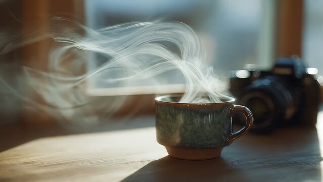 A cozy indoor morning scene with a steaming hot cup of coffee on a wooden table, capturing a moment of relaxation and creative hobby