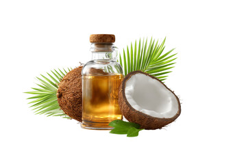 Coconut oil in glass bottle with coconuts isolated on a transparent background