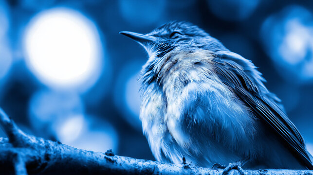 stanza. A nightingale resting on a branch under the moonlight in a serene blue night. wildlife magazines, conservation campaigns, designed for wildlife conservation campaigns.