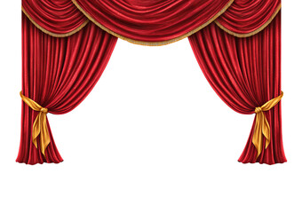 Red Velvet Stage Curtains with Gold Trim isolated on a transparent background 