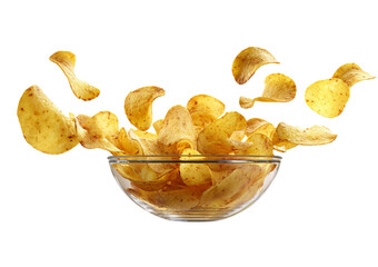 Potato Chips Falling into Glass Bowl isolated on a transparent background