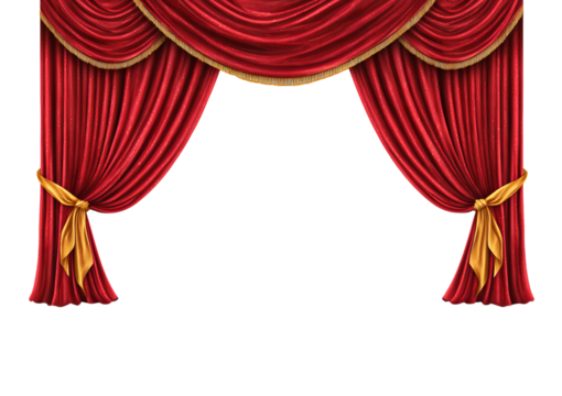 Red Velvet Stage Curtains with Gold Trim isolated on a transparent background 