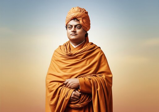 Swami Vivekananda Portrait. Semi-Realistic 3D Warm Cinematic Look.