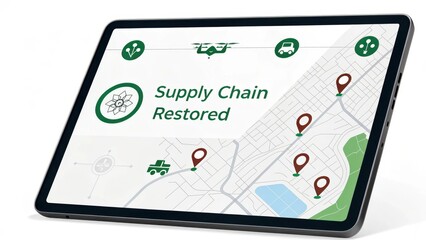 Tablet screen displaying supply chain restoration map system